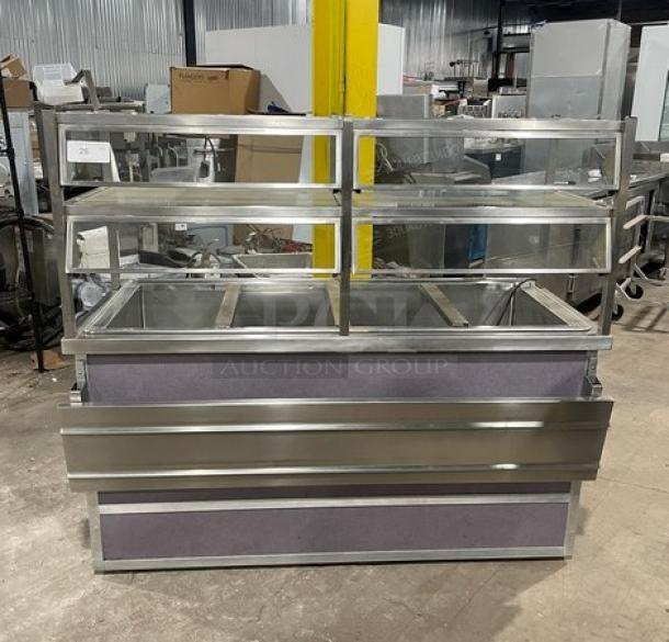 Atlas Metal stainless steel 60" refrigerated 4-well salad bar with sneeze guard, tray slide, and enclosed storage. Model WCMBT4.