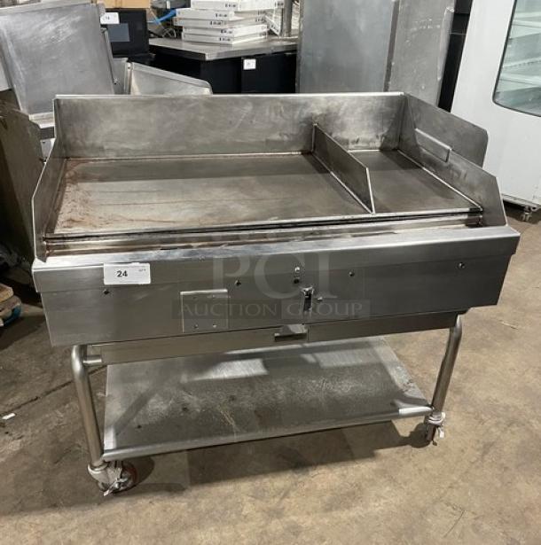 WoodStone 48" stainless steel gas griddle with back and side splash, undershelf cart, casters; SN: GP1B16MAY1704992.
