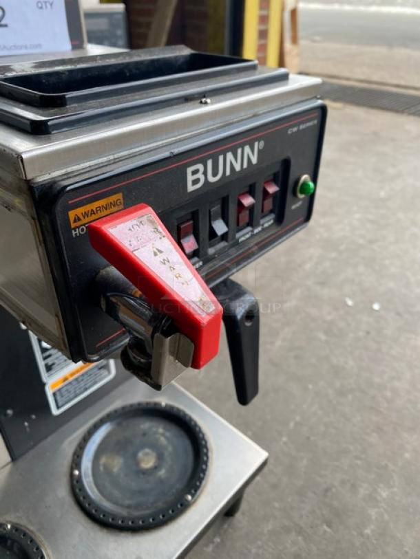 Bunn CWTF35 commercial coffee brewer, stainless steel, 4 warmer plates, hot water dispenser, heavy-duty brew basket.