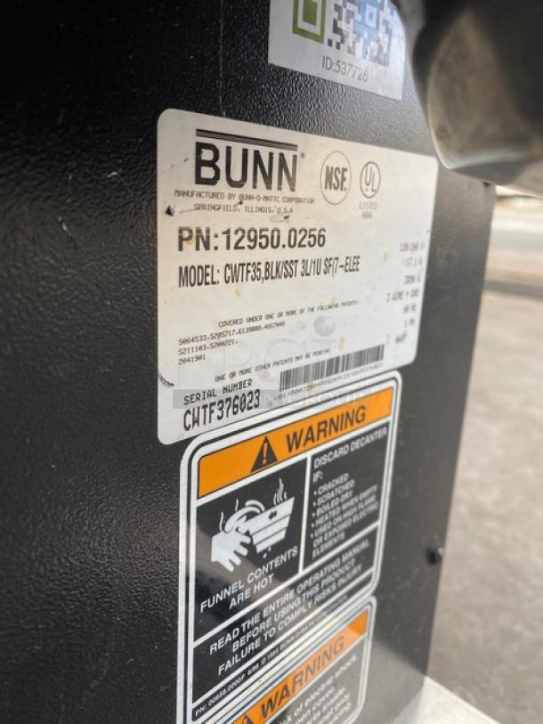 Bunn CW Series Commercial Coffee Brewer, Model CWTF35, 4 warmer plates, hot water dispenser, SN: CWTF376023, UL certified.