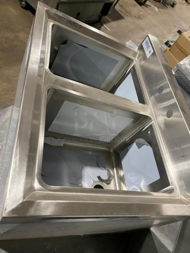 Prepline BAR2C commercial stainless steel 2-compartment underbar sink with 3" backsplash, new with minor scratches.