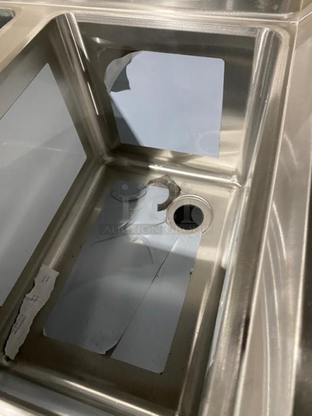 Prepline BAR-2C commercial stainless steel 2-compartment underbar sink with 3" backsplash. New, scratch-and-dent condition.