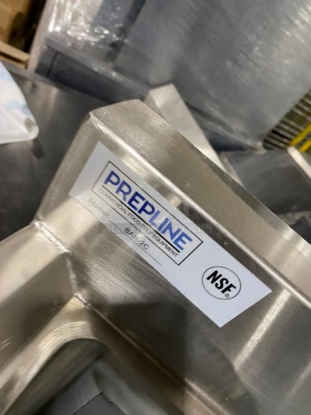 Prepline BAR2C stainless steel 2 compartment underbar sink with 3" backsplash, new scratch-n-dent, NSF certified.