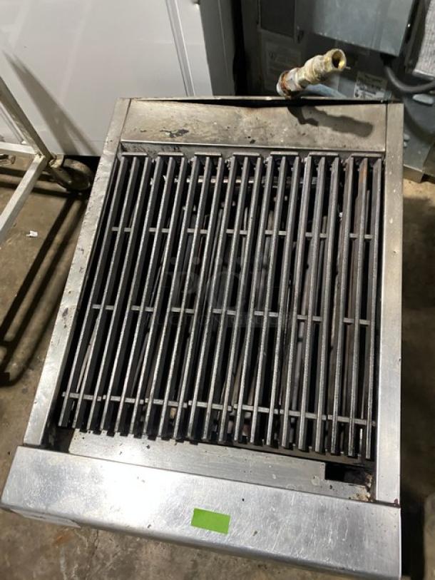 Garland 24" stainless steel gas char broiler, cast iron grates, countertop model, on legs, working condition.