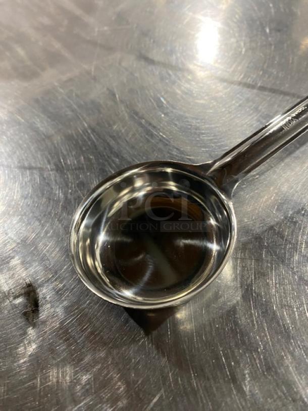 Crestware Commercial Stainless Steel 2 Oz. Portion Control Spoon, Model SP02, with red grip handle, new condition.
