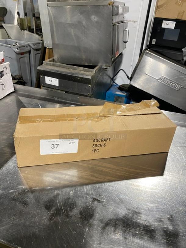 Adcraft SSCH-6 condiment holder in box, new condition, with clear acrylic lid, six compartments, and polyethylene inserts.