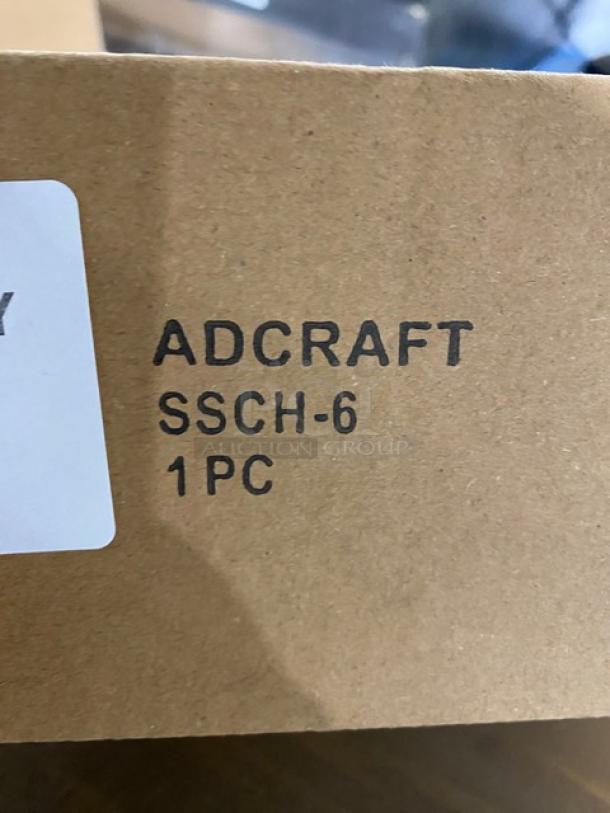 Adcraft SSCH-6 box label showing model and quantity. Contains new commercial stainless steel 6-compartment condiment holder.