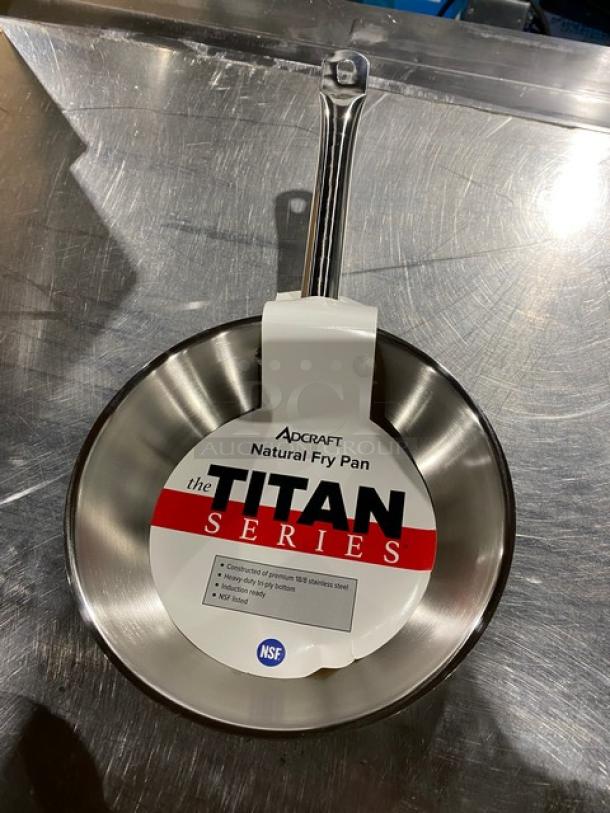 NEW Adcraft Titan Series 8" stainless steel induction-ready fry pan, model FPSI-8, with label attached.