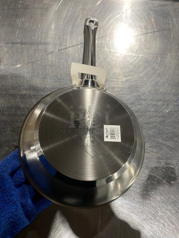 NEW Adcraft 8" stainless steel fry pan, Model FPSI8, induction-ready, NSF certified; brand label and model visible.