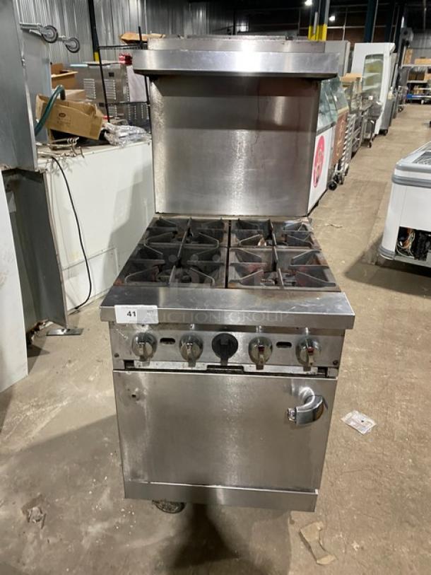 Patriot FMGR24NG stainless steel 4-burner range/oven combo on casters, with backsplash, overhead salamander shelf, and wired oven rack.