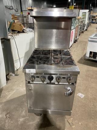 Patriot FMGR24NG stainless steel 4-burner range/oven combo on casters, with backsplash, overhead salamander shelf, and wired oven rack.