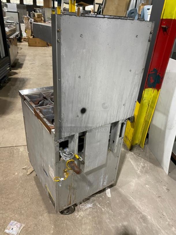 Patriot Commercial 4-Burner Range/Oven Combo, stainless steel, natural gas, Model FMGR24NG, with backsplash, shelf, on casters.