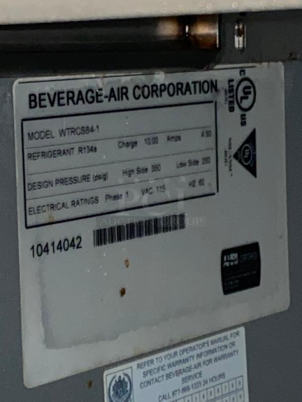 Beverage-Air WTRCS84-1 chef base, 84", stainless steel, 4 drawers, 115V, on casters, model label in view.