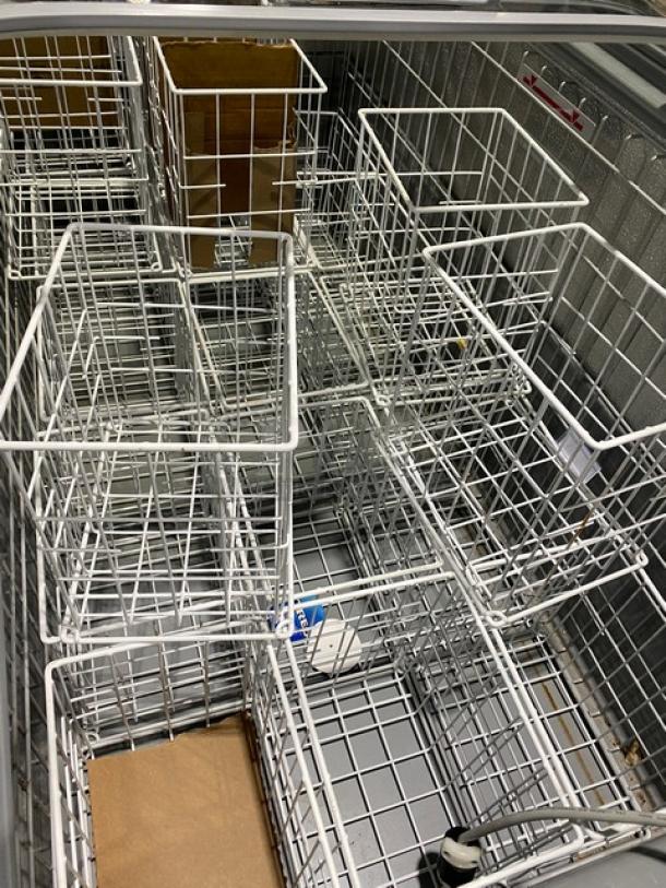 AHT Malta185 commercial ice cream freezer interior with poly coated wire baskets, model SN: 34886700000006, excellent condition.