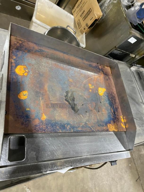 Cecilware EL1624 stainless steel electric griddle, 24", with thermostatic control, back and side splash, on legs, visible wear.