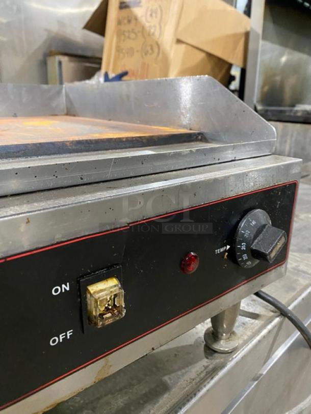 Cecilware EL1624 stainless steel electric griddle, 24" countertop, with thermostatic control, back & side splash, on legs.