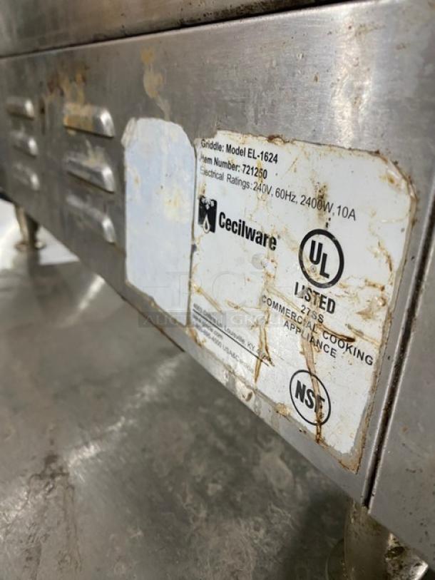 Cecilware model EL-1624 stainless steel electric griddle with thermostatic control. Features back and side splash. UL and NSF listed.