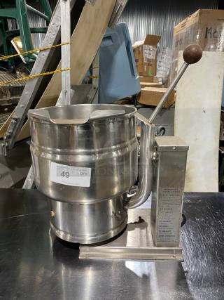 Groen commercial stainless steel electric tilting steam kettle, countertop model. Visible label indicates lot 49. Used condition.