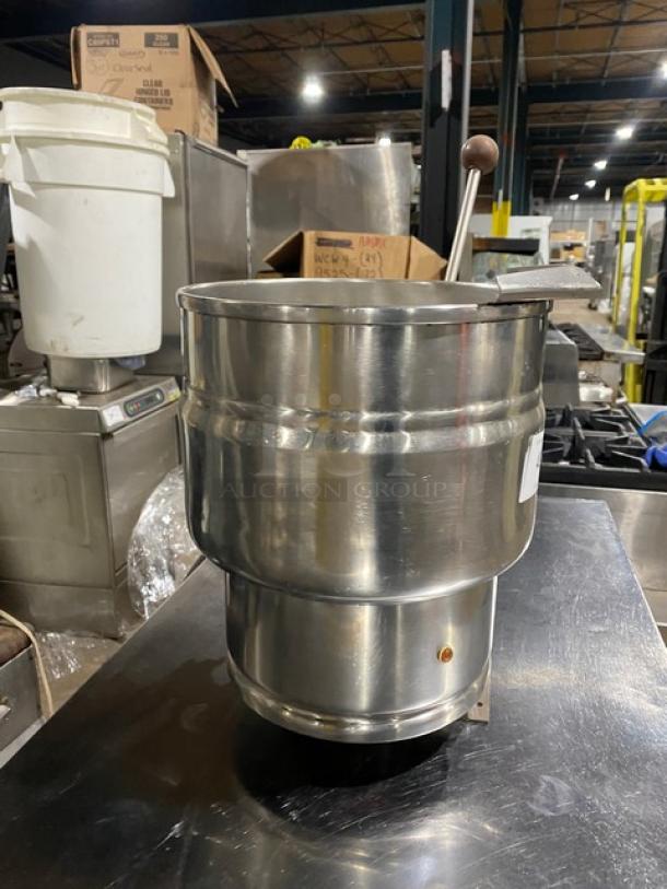Groen commercial stainless steel electric countertop tilting steam kettle in good condition. Visible lever and control features.