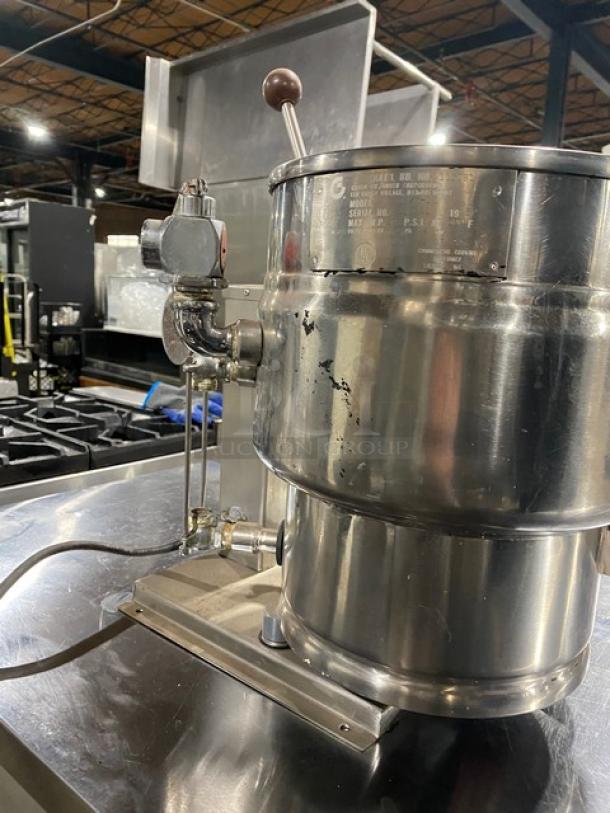 Groen Commercial Stainless Steel Electric Countertop Tilting Steam Kettle, visible wear, functionally intact, kitchen-ready.