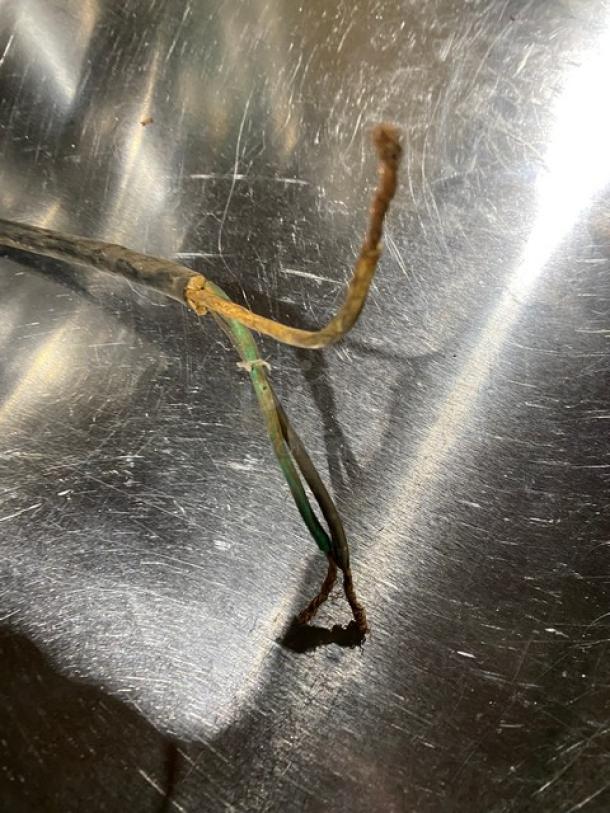 A close-up of the wiring from a Groen commercial stainless steel electric steam kettle, showing worn and frayed insulation.