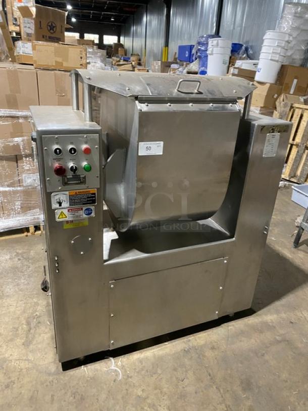 Attias Magna-Mixer 50H-4C1, stainless steel, 10-gal capacity, electric roller-bar dough mixer, 3 phase, on legs, excellent condition.