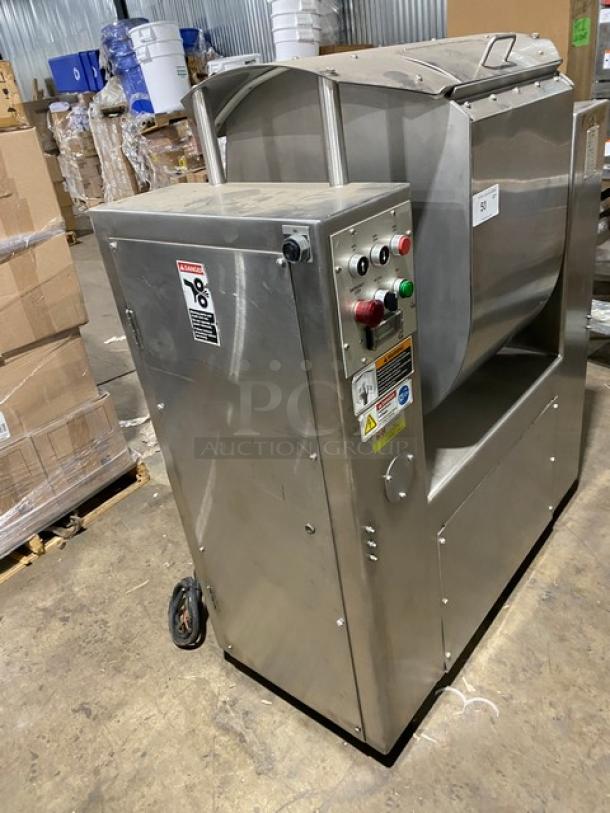 Attias Magna-Mixer 50H-4C1 commercial stainless steel dough mixer, 10 gal/50 lb capacity, 230V 3 phase, on legs, SN: 40952.