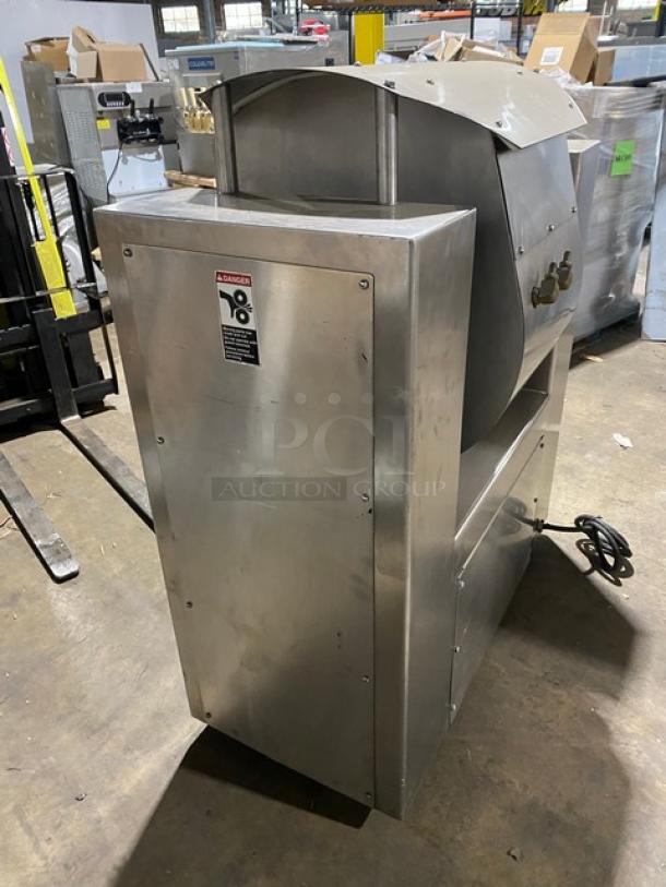 Attias Magna-Mixer 50H4C1 stainless steel dough mixer, 10 gal capacity, electric 230V 3 phase, on legs, in industrial setting.