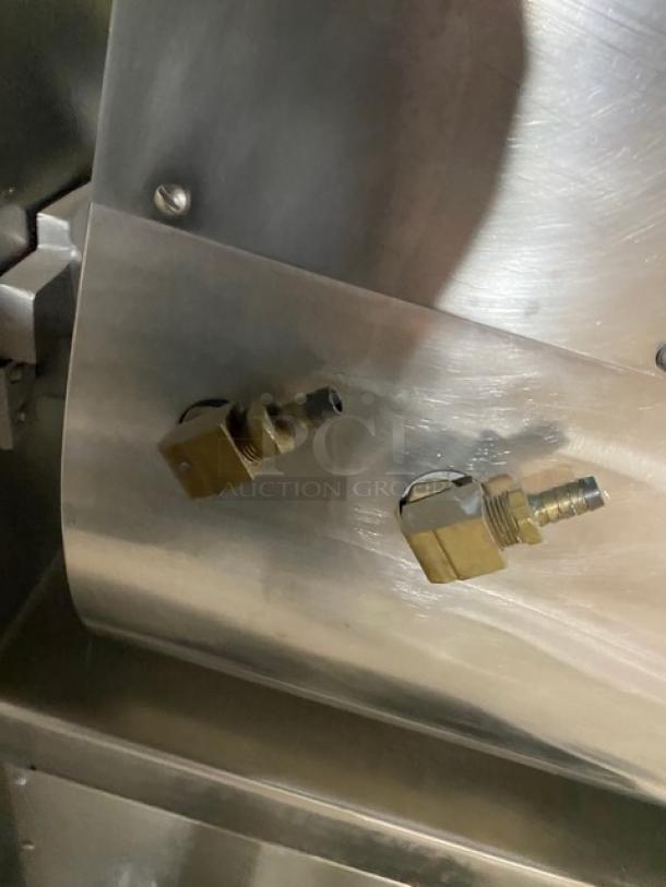 Attias Magna-Mixer 50H-4C1, stainless steel connections, 10-gal capacity, high-speed roller-bar, electric powered, on legs.