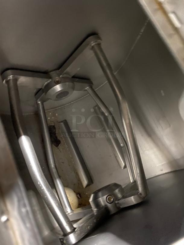 Attias Magna-Mixer 50H4C1 commercial dough mixer, stainless steel, 10 gal/50 lb capacity, 230V 3-phase, on legs, interior view.