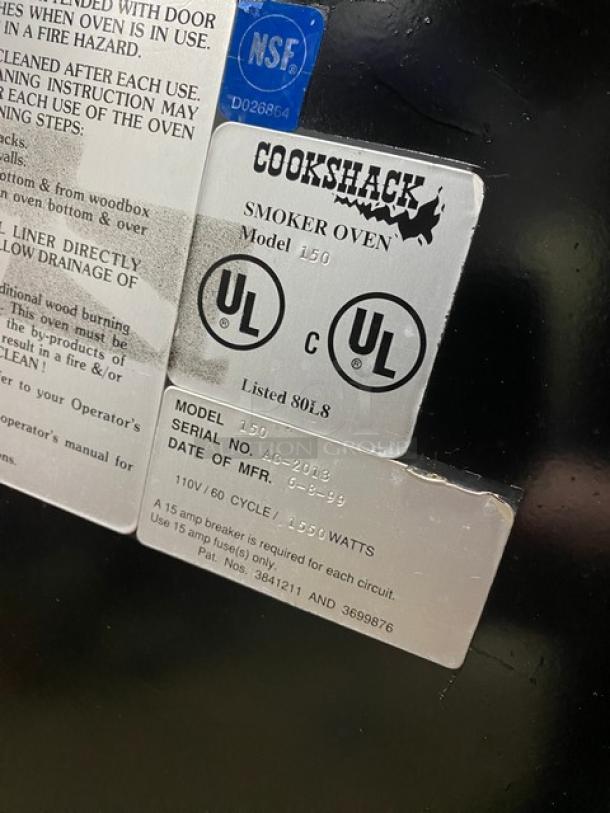 Cookshack Model 150 Commercial Electric Smoker Oven, digital control, 110V, on casters, serial AC-2013, UL certified.