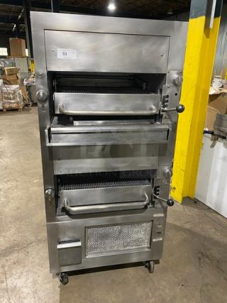 Southbend stainless steel gas-powered double deck infrared broiler, free-standing, on casters, commercial use, good condition.