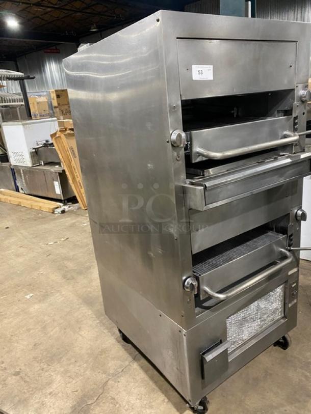 Southbend stainless steel double deck infrared broiler, gas-powered, upright, on casters, good condition, commercial use.