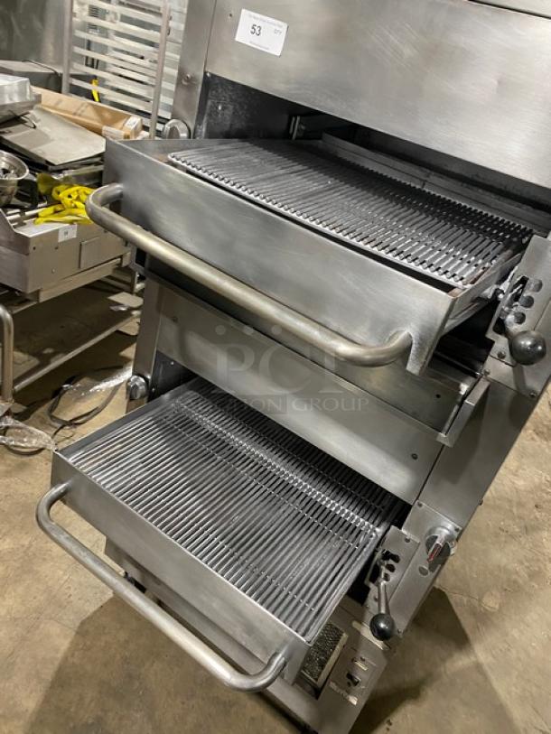 Southbend stainless steel gas-powered double deck infrared broiler, free-standing on casters, excellent condition.