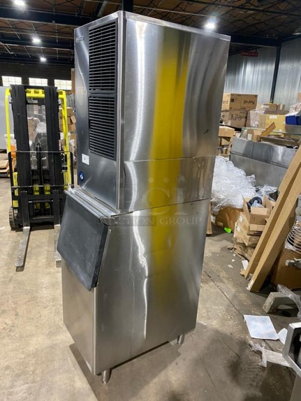 Hoshizaki KM-600MAH ice maker, stainless steel, air-cooled, crescent cuber, on legs, Energy Star certified, commercial use.