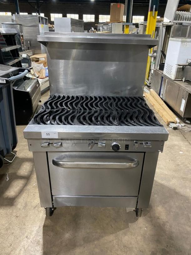 Southbend S36D Commercial Stainless Steel Gas Range/Oven with 6 Burners, wavy grates, backsplash, salamander shelf, and casters.