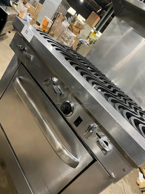Southbend S36D 6-burner stainless steel gas range/oven, non-clog wavy grates, backsplash, salamander shelf, on casters.