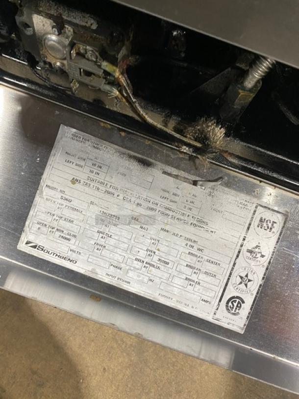 Southbend S36D commercial stainless steel range/oven model tag. Displays specifications and certification logos.