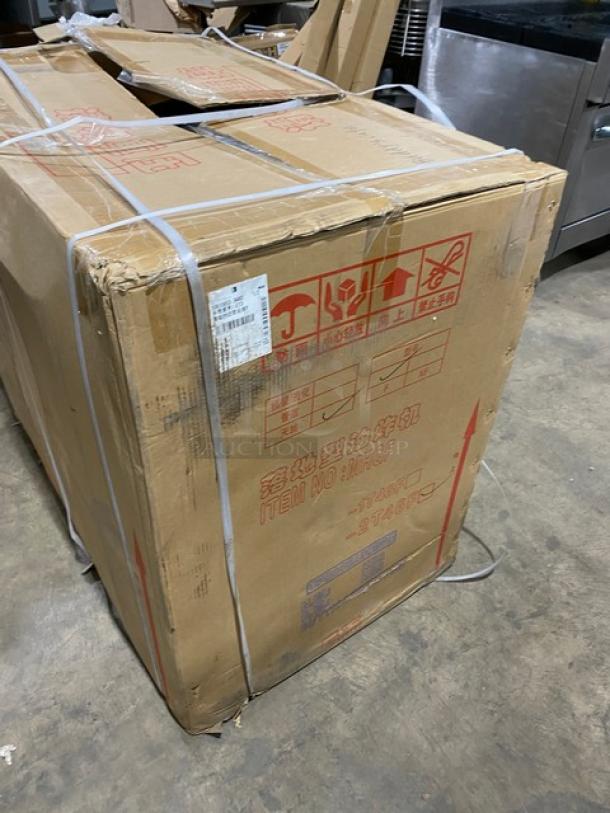 New Gaoji stainless steel gas fryer, model MHGF-2T46F, in original packaging with shipping labels, on legs, commercial-grade.