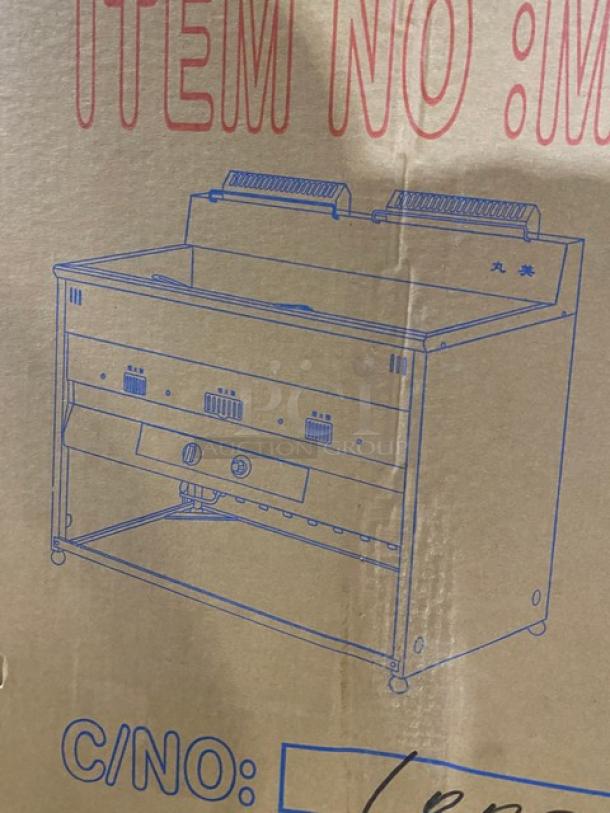 New Gaoji MHGF2T46F stainless steel gas fryer in box. Illustration features fryer on legs, controls visible.
