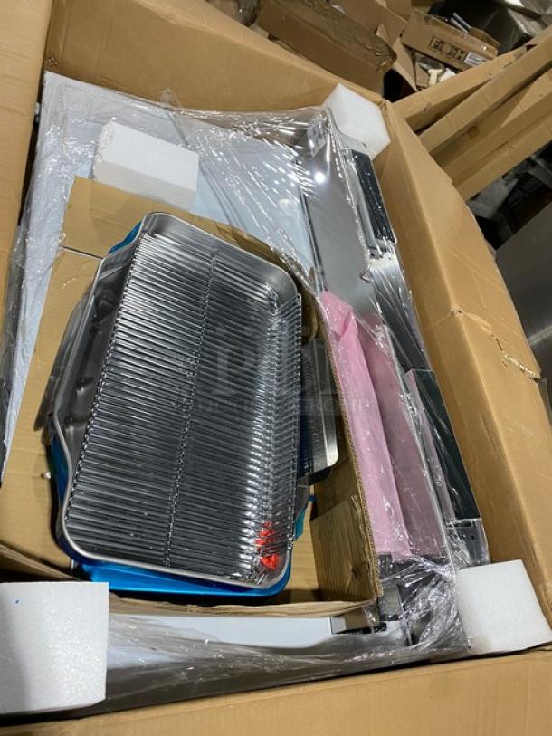 Gaoji Gorgeous Commercial Gas Fryer MHGF2T46F, new, stainless steel, on legs, shown in packaging with protective materials.