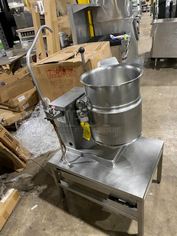 Cleveland Range KET Series electric tilting steam kettle, stainless steel, on legs, commercial use, visible control valve.