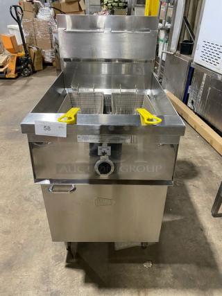 Keating Commercial Stainless Steel Natural Gas Powered Instant Recovery Deep Fat Fryer! With Backsplash & Basket Hanger! With Fry Basket! Model: 20AA! On Legs! - Item #1232198