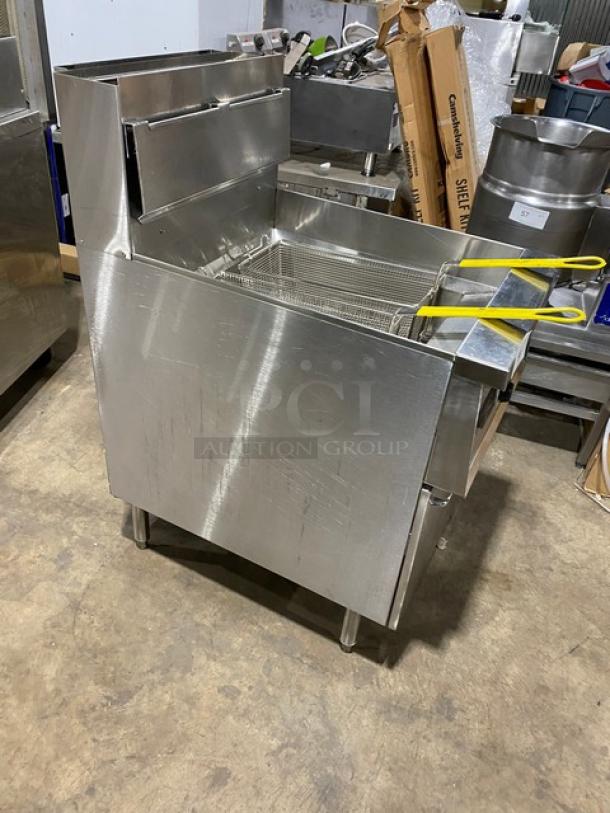 Keating Instant Recovery Series stainless steel gas fryer, with backsplash, basket hanger, and fry baskets. In fair condition.