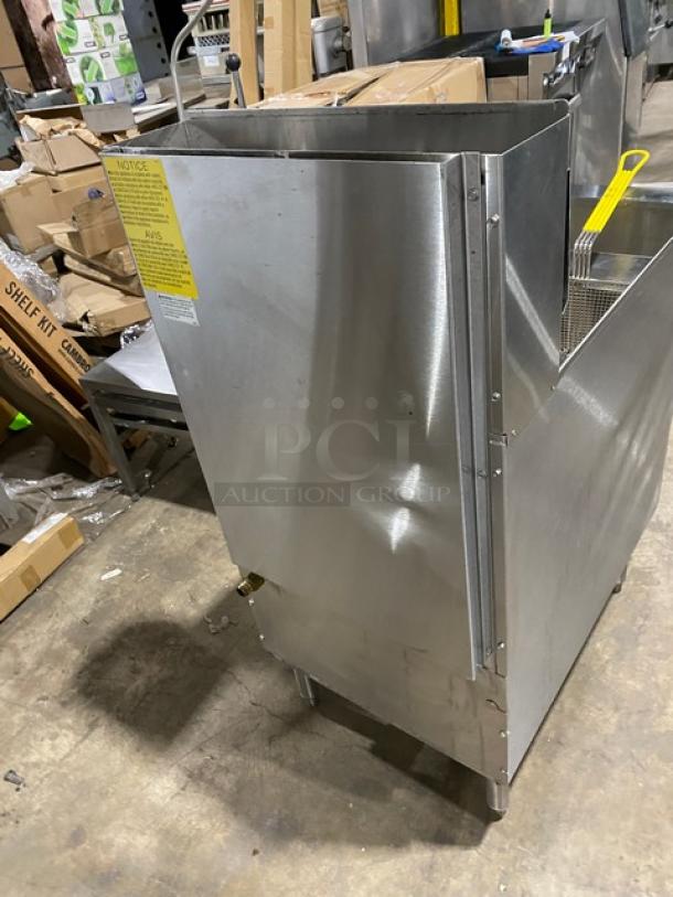 Keating Instant Recovery Series commercial stainless steel gas fryer with backsplash, basket hanger, and fry baskets on legs.