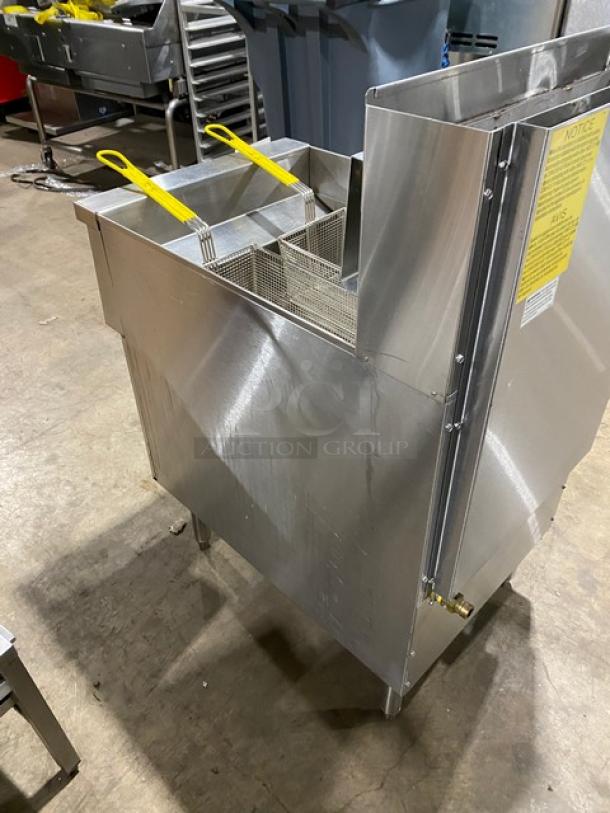 Keating Instant Recovery Series gas fryer, stainless steel, with backsplash, basket hanger, fry baskets, on legs, in good condition.