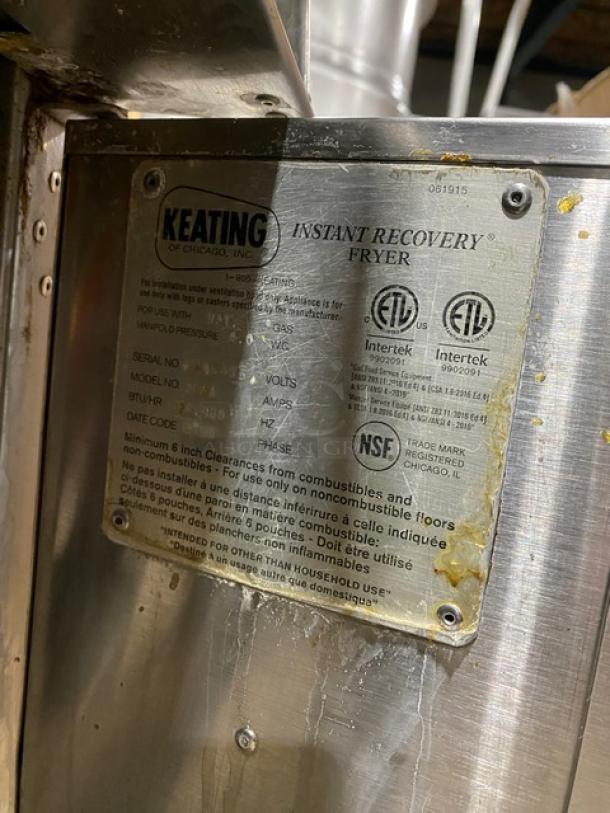 Keating Instant Recovery Series commercial stainless steel fryer with label, backsplash, basket hanger, and fry baskets.