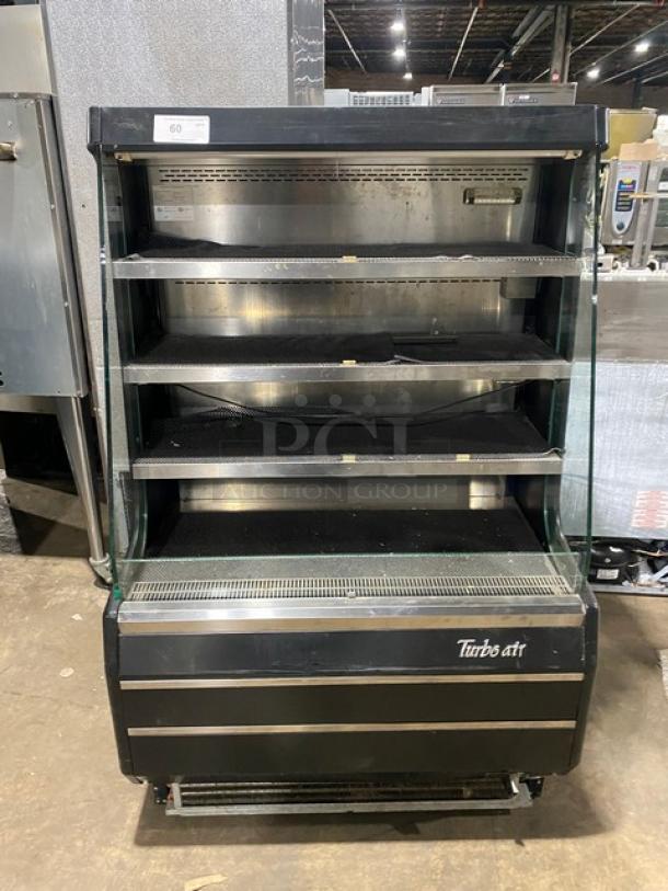 Turbo Air TOM-40M(B) black multi-tier open display case, used condition, Model: TOM-40M(B), SN: TMM40146009, 120V 1 Phase.
