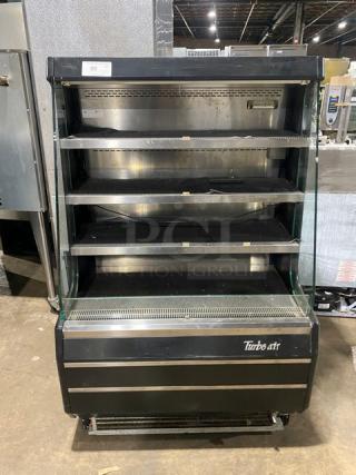 Turbo Air TOM-40M(B) black multi-tier open display case, used condition, Model: TOM-40M(B), SN: TMM40146009, 120V 1 Phase.