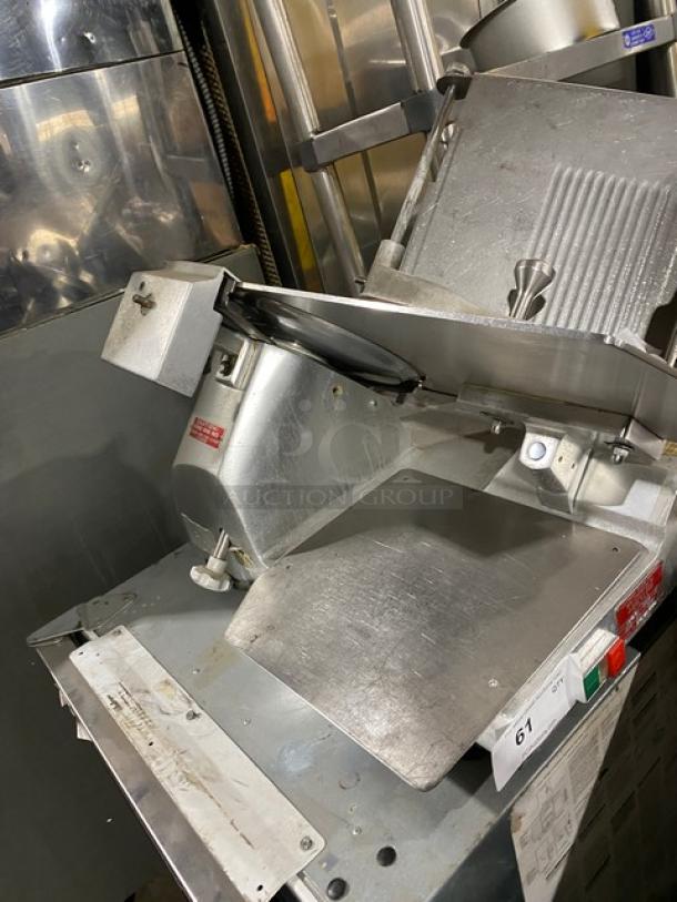 Fleetwood Commercial Stainless Steel Deli Meat Slicer, Model 412/B. Features robust stainless construction, 115V, 1 phase.